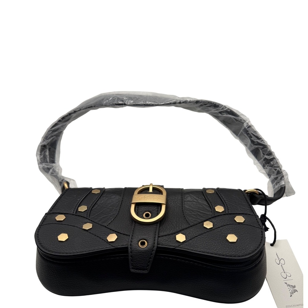 Jessica Simpson Shoulder Bag Women OS Black Studded Buckle Faux Leather Edgy